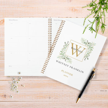 Modern Watercolor Greenery Gold Monogram 2023 Planner by thisisnotmedesigns at Zazzle