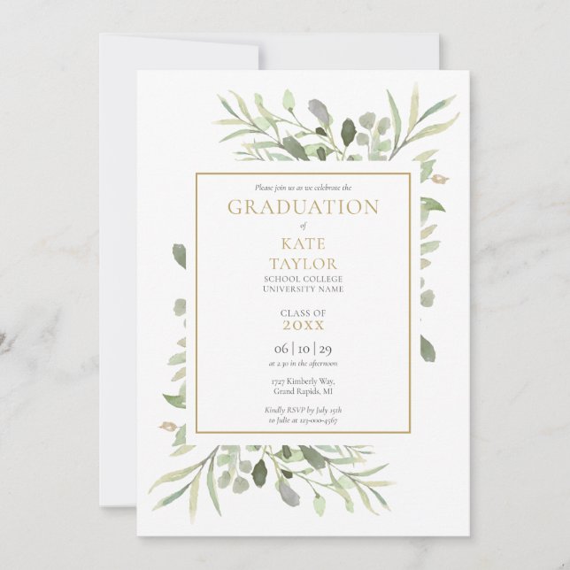 Modern Watercolor Greenery Graduation Party Invitation (Front)