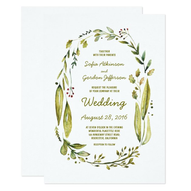Modern Watercolor Greenery Laurel Wedding Invitation