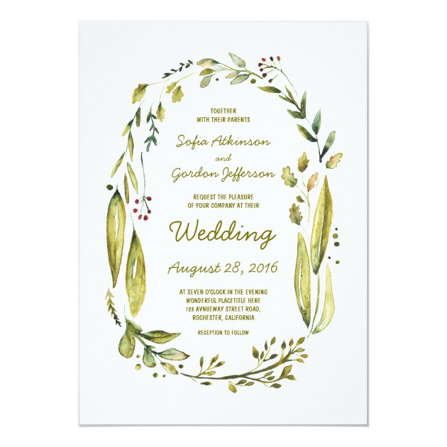 Modern Watercolor Greenery Laurel Wedding Invitation