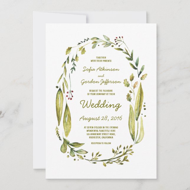 Modern Watercolor Greenery Laurel Wedding Invitation (Front)