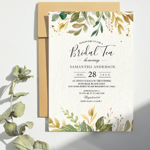 Modern Watercolor Greenery Leaf & Gold Drops Invitation