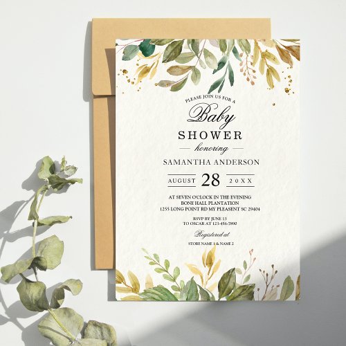 Modern Watercolor Greenery Leaf  Gold Drops Invitation