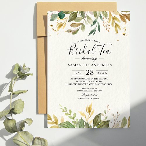 Modern Watercolor Greenery Leaf  Gold Drops Invitation