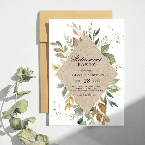 Modern Watercolor Greenery Leaf Kraft Frame  Gold Invitation