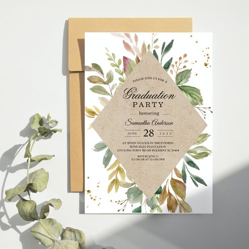 Modern Watercolor Greenery Leaf Kraft Frame  Gold Invitation