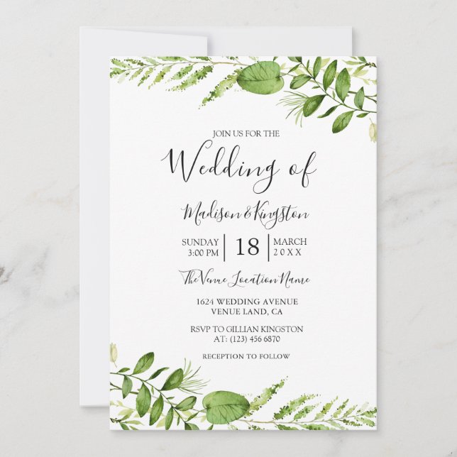 Modern Watercolor Greenery Leaf Wedding Invite (Front)