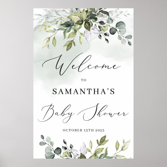 Modern watercolor greenery leaves baby shower poster (Front)