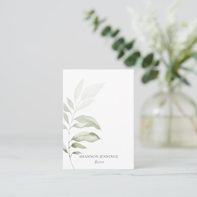 Modern Watercolor Greenery Minimal White Business  Card (Standing Front)