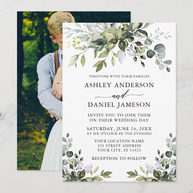 Modern Watercolor Greenery Photo Back Wedding  Invitation (Front/Back)
