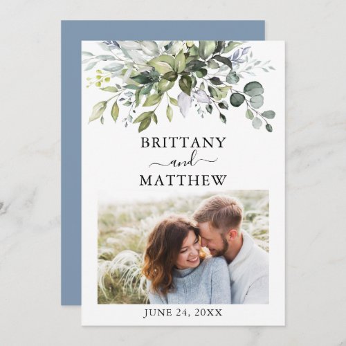 Modern Watercolor Greenery Photo Dusty Blue Save The Date