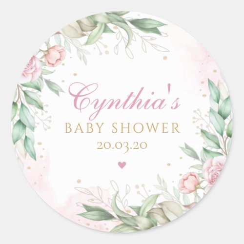 Modern Watercolor Greenery Pink Floral Baby Shower Classic Round Sticker