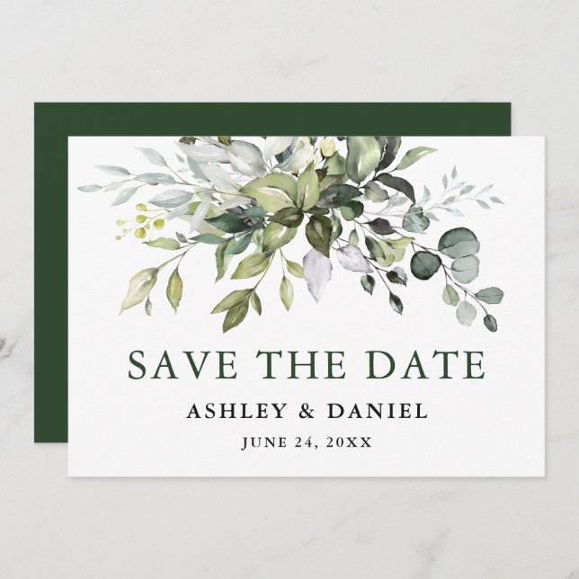 Modern Watercolor Greenery Save The Date (Front/Back)