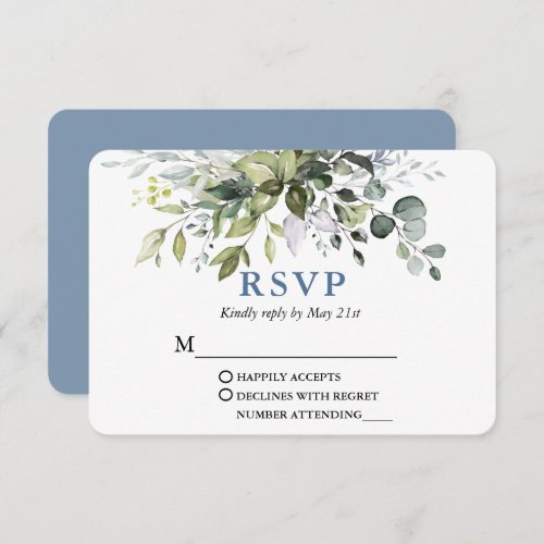 Modern Watercolor Greenery Wedding Dusty Blue RSVP Card