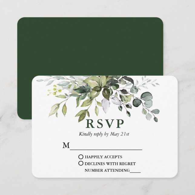 Modern Watercolor Greenery Wedding Green RSVP Card (Front/Back)