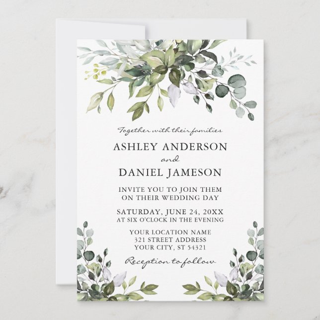 Modern Watercolor Greenery Wedding Invitation (Front)