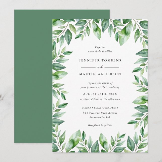Modern Watercolor Greenery Wedding Invitation (Front/Back)