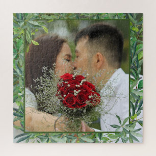Modern Watercolor Greenery Wedding Photo Jigsaw Puzzle