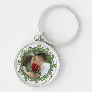 Modern Watercolor Greenery Wedding photo Keychain