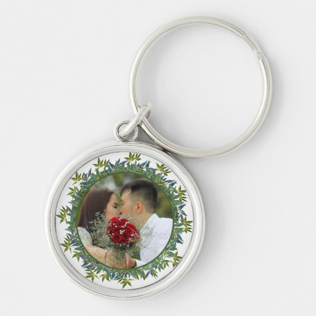 Modern Watercolor Greenery Wedding photo Keychain (Front)