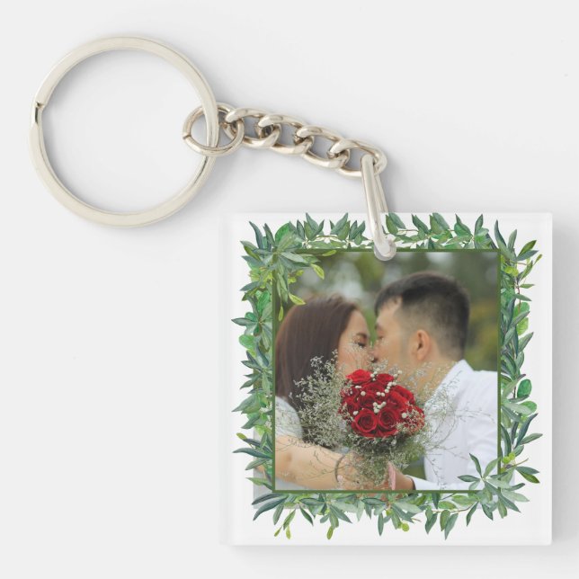 Modern Watercolor Greenery Wedding Photo Keychain (Front)