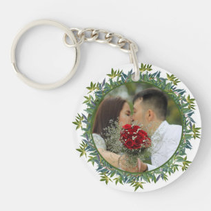 Modern Watercolor Greenery Wedding photo Keychain
