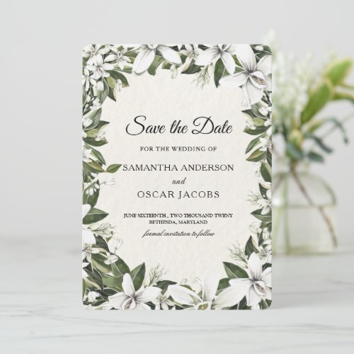 Modern Watercolor Greenery  White Flowers Frame Save The Date