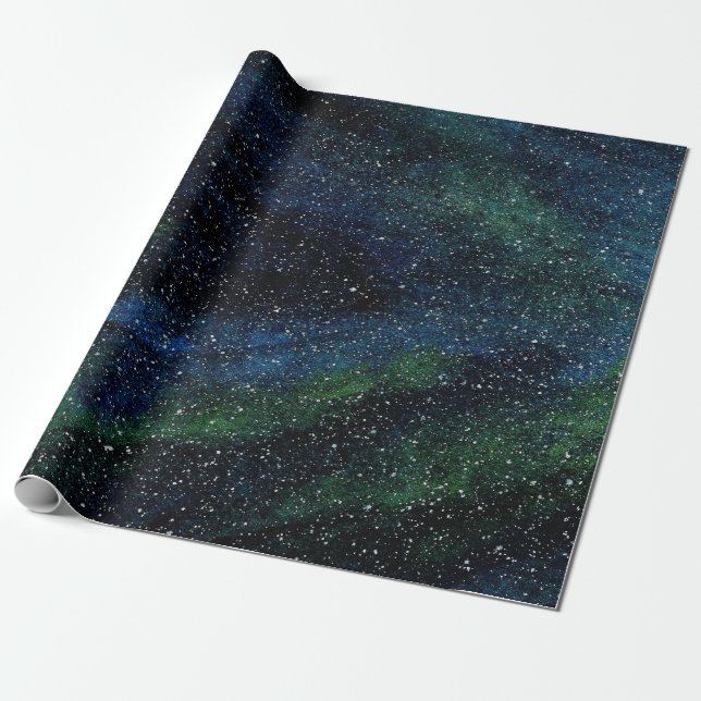 Modern Watercolor Hand Painted Blue Green Galaxy  Wrapping Paper (Unrolled)