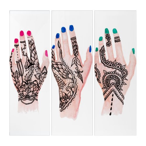 Modern watercolor hands floral henna tattoo triptych