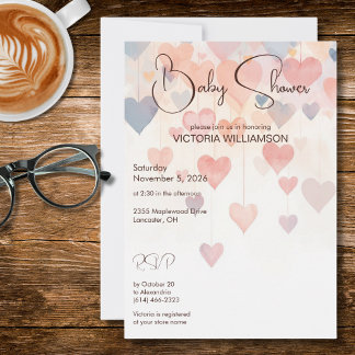 Modern Watercolor Hearts Baby Shower Invitation