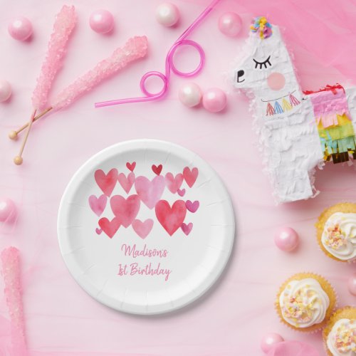 Modern Watercolor Hearts Birthday Paper Plates
