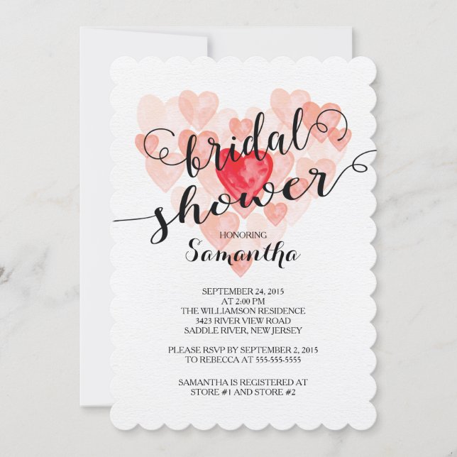 Modern Watercolor Hearts Bridal Shower Invitation (Front)