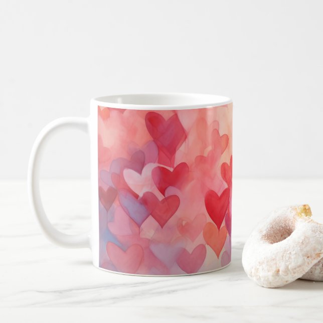 Modern Watercolor Hearts Pattern Red Orange Coffee Mug (With Donut)