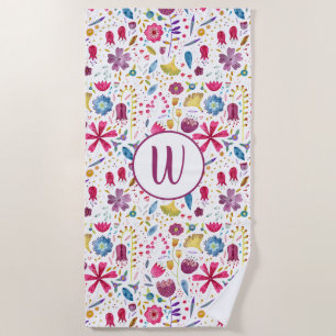 Modern Watercolor Hedgerow Flower Monogram Beach Towel