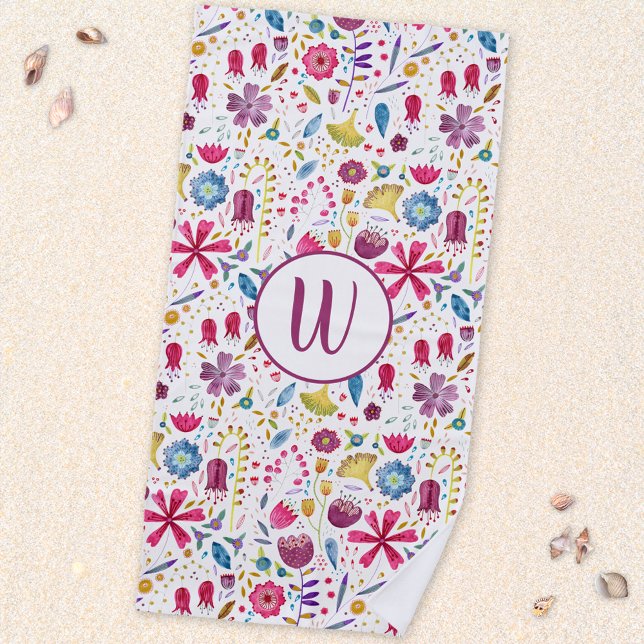 Modern Watercolor Hedgerow Flower Monogram Beach Towel (Hand painted watercolor wildflower monogram initial personalized beach towel)