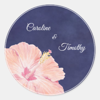 Modern Watercolor Hibiscus Navy Blue Wedding Classic Round Sticker