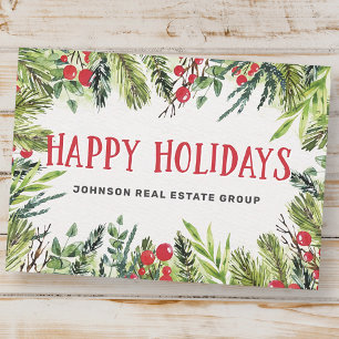 Modern Watercolor Holly Foliage and Berries Holiday Card