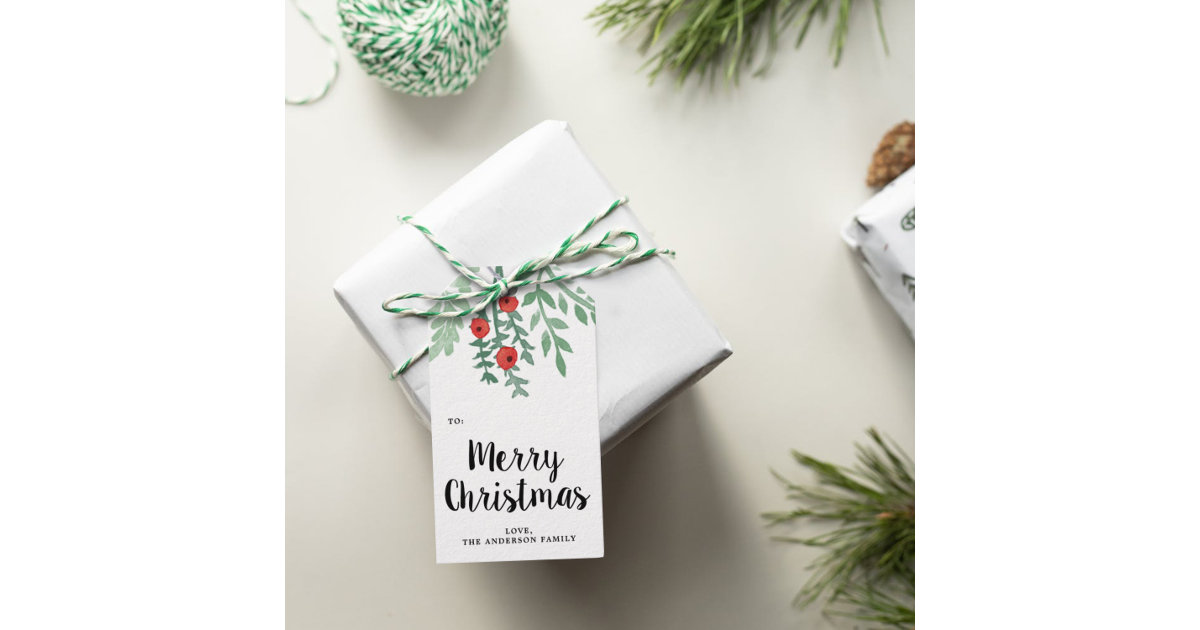 Modern Watercolor Holly Merry Christmas Gift Tags