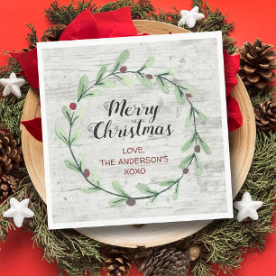 Modern Watercolor Holly Wreath Christmas Napkins