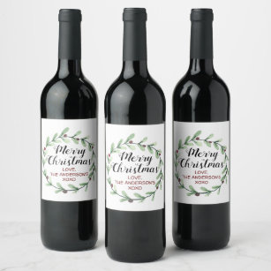 Modern Watercolor Holly Wreath Christmas Wine Label