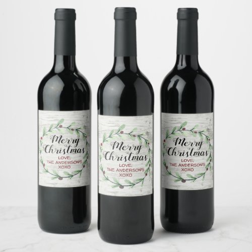 Modern Watercolor Holly Wreath Christmas Wine Label