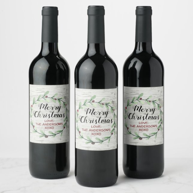 Modern Watercolor Holly Wreath Christmas Wine Label (Bottles)
