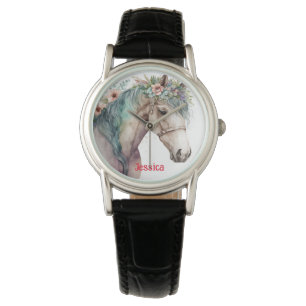 Modern Watercolor Horse and Flowers Name Watch
