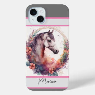Modern Watercolor Horse Personalized Name iPhone 15 Plus Case