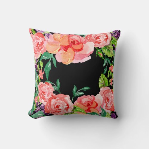 Modern Watercolor Hot Pink Black Peach Rose Floral Throw Pillow
