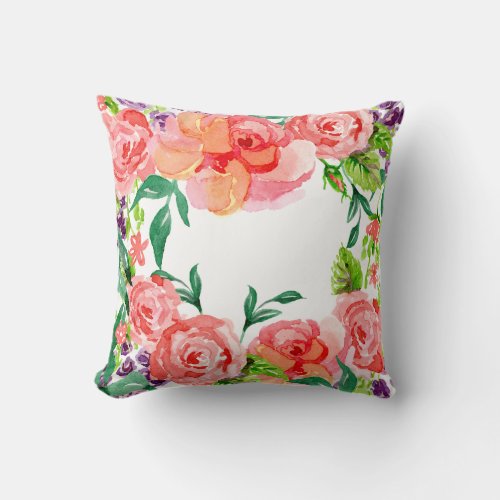 Modern Watercolor Hot Pink Coral Peach Rose Floral Throw Pillow
