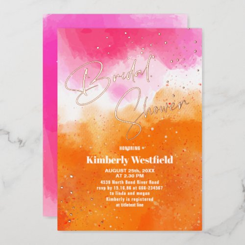 Modern Watercolor Hot Pink Orange Bridal Shower Foil Invitation