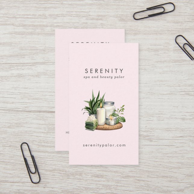 Modern Watercolor Illustration Blush QR Code Spa Business Card (Front/Back In Situ)