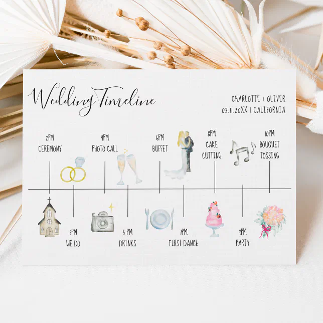 Modern watercolor illustrations wedding timeline invitation | Zazzle