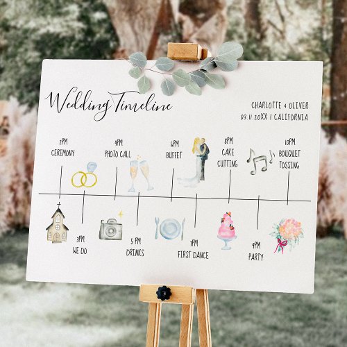 Modern watercolor illustrations wedding timeline poster